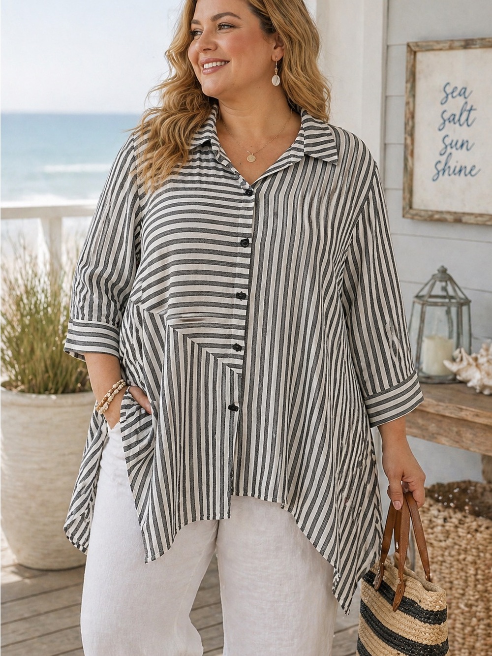 Soft Surroundings Striped Tunic Top 1X Black White Asymmetrical Button Boho Chic